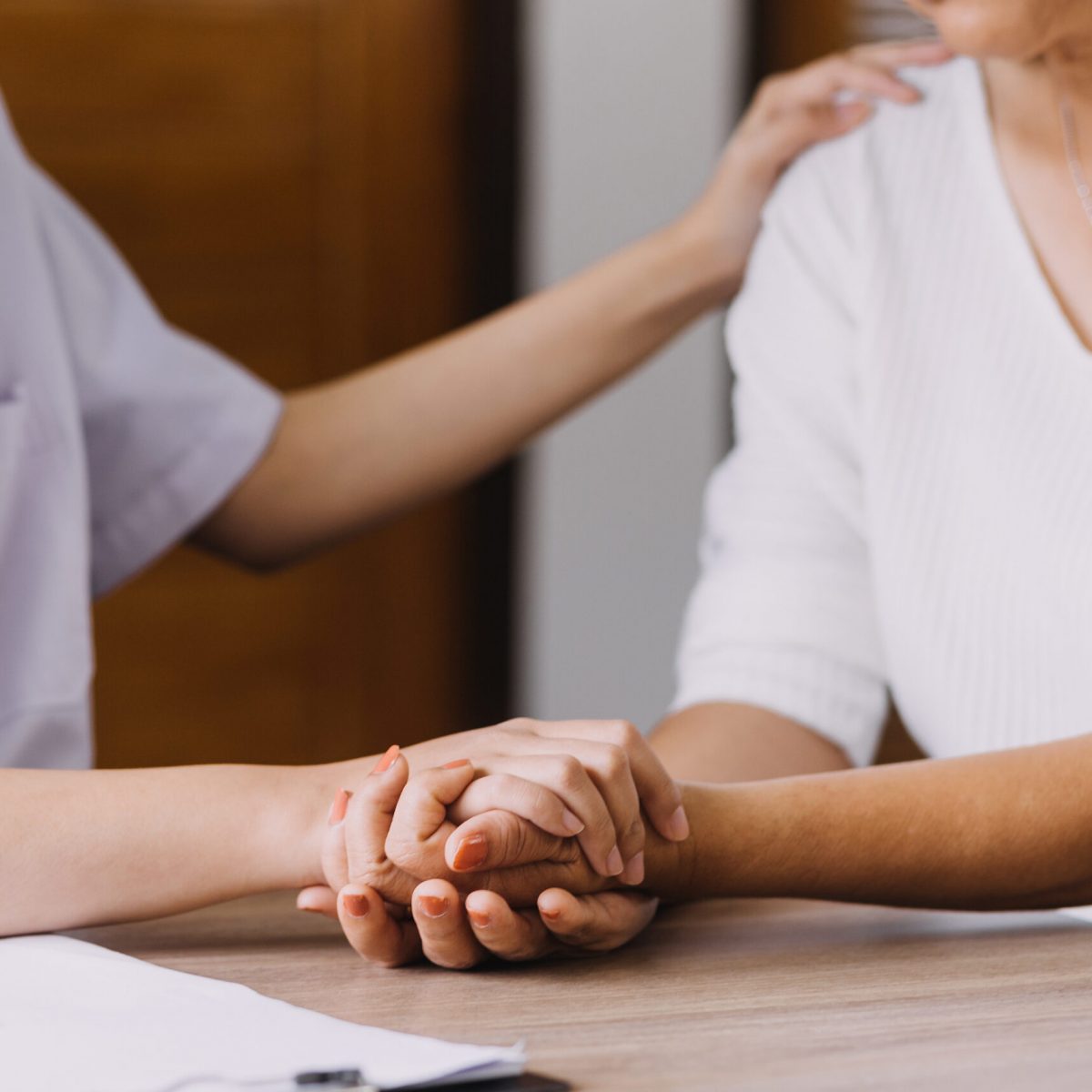 Homecare Nursing Service And Elderly People Cardiology Healthcar Homecare nursing service and elderly people cardiology healthcare. Close up of young hispanic female doctor nurse check mature caucasian man patient heartbeat using stethoscope during visit